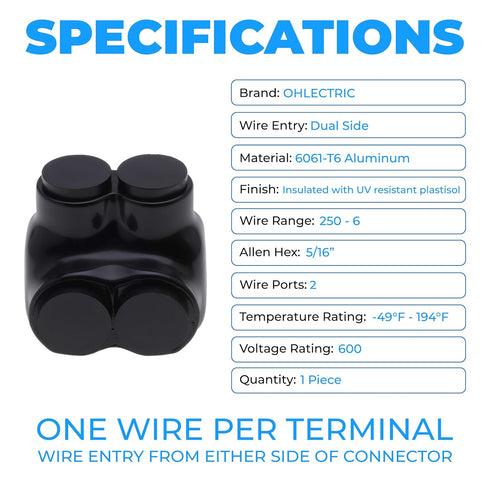 OhLectric Multi Cable Connectors with 2 Port 250 MCM-#6-2 - Dual Entry Splice Electrical Power Connector - Black Insulated Vinyl Coated Wire Conne...
