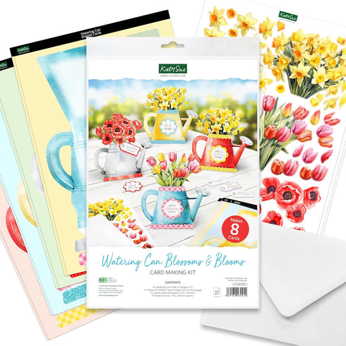 Katy Sue Watering Can Blossoms & Blooms Card Making Kit. Contains 8 Shaped Cards, 3 Sheets of Floral Die Cut Decoupage, 8 Envelopes & Instructions...