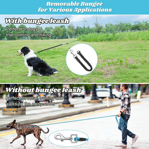 NTR Long Leash, 15FT Nylon Dog Rope with Upgrade 2 Swivel Hooks & Ergonomic Padded Handle, Detachable Reflective Bungee Blue Leash for Small Mediu...