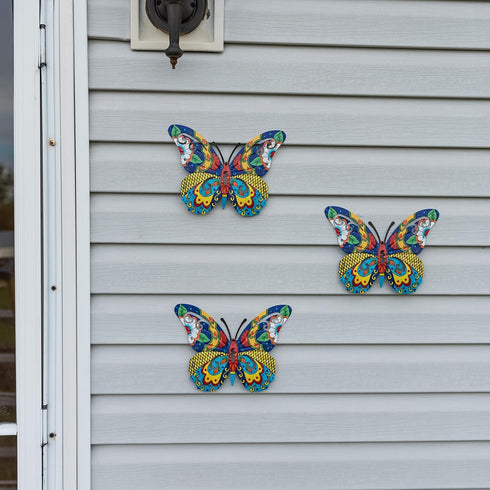 Scwhousi Metal Butterfly Mexican Pottery Outdoor Decor,Talavera Garden Decor,Butterfly Wall Art Set of 3,Butterfly Wall Sculpture Hanging Decorati...