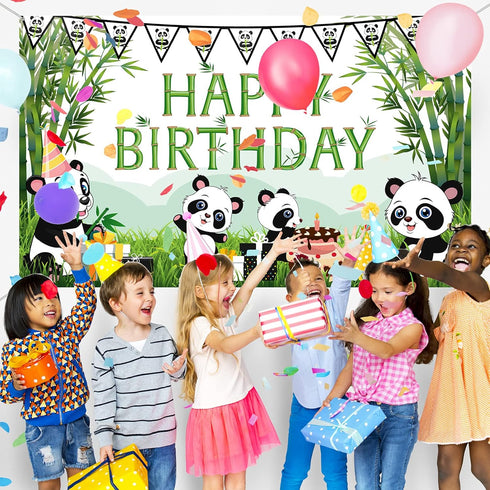 Cartoon Panda Birthday Decorations Panda Backdrop for Party Supplies Animal Themed Banner Green Bamboo Background Baby Shower Photo Background Kid...