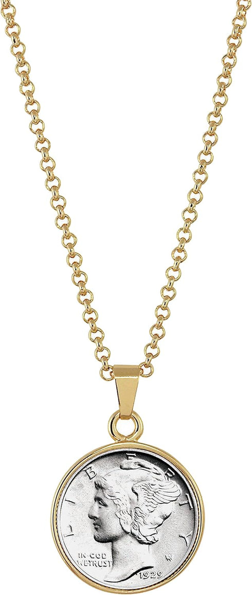 American Coin Treasures Silver Mercury Dime Goldtone Coin Pendant with 18" Chain Necklace - Authentic and Elegant Keepsake Jewelry for Women | Whi...