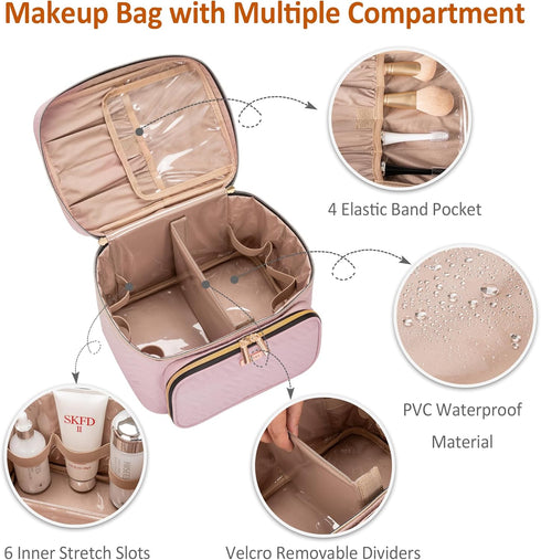 Travel Cosmetic Organizer Bag - Large Makeup Case with Jewelry Storage, Waterproof Toiletry Box for Cosmetics, Brushes, and Tools, Pink...