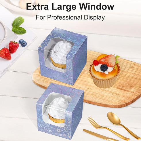 3.5" Sparkling Stars Individual Cupcake Boxes with Window & Insert 16PCS Iridescent Silver Single Cupcake Containers Holder Muffins Cocoa Bombs Co...