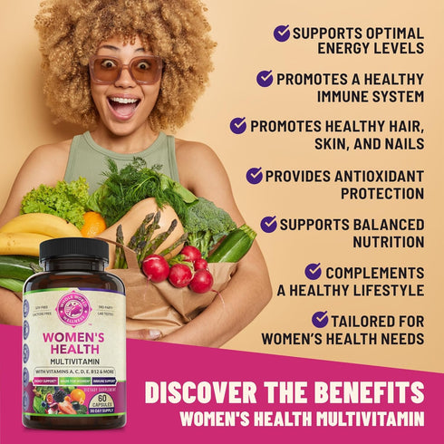 Womens Daily Multivitamin Multimineral Supplement for Energy, Mood, Focus, Hair, Skin & Nails. Made for Women with 30+ Nutrients, Fruit & Energy B...