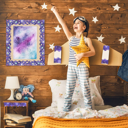 Outer Space Bulletin Board Borders Double-Sided Trim, Boho Galaxy Bulletin Board Decorations Night Sky Border Stickers for School Classroom Office...