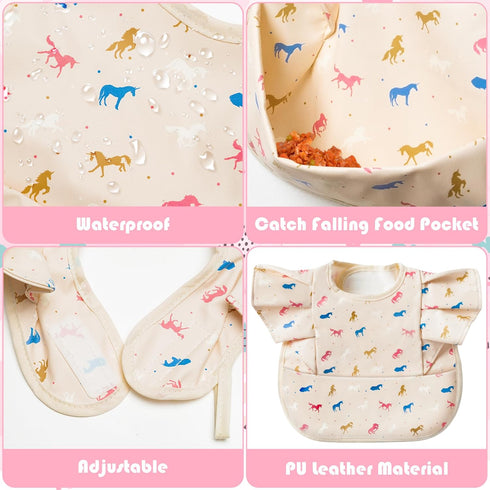 3pcs Mess-Proof Baby Apron for Feeding Eating, Food Bibs with Catcher, Unicorn Rainbows Adjustable Waterproof Apron Mess Proof Bibs for Babies Tod...