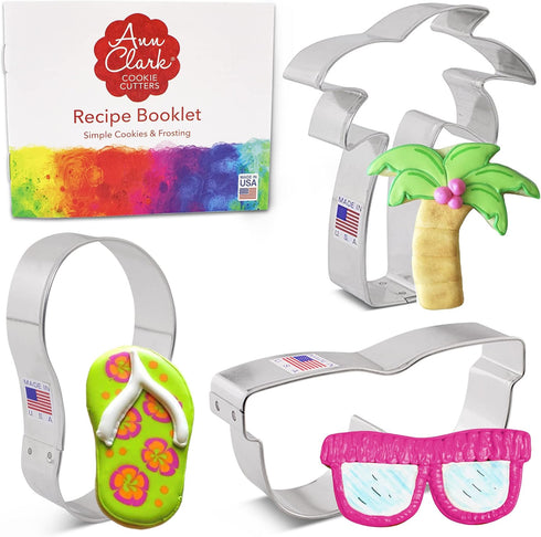 Summer Beach Cookie Cutters 3-Pc. Set Made in USA by Ann Clark, Flip Flop, Sunglasses, Palm Tree...