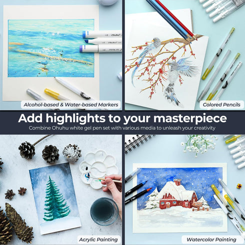 Ohuhu Gold Silver White Gel Pens: 12 Pack Extra Fine Point Pens Opaque Gel Ink Pens Smooth White Ink Pens for Highlight Black Paper Art Drawing Sk...