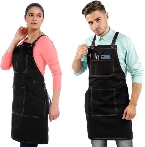 Under NY Sky Essential Deep Black Apron – Cross-Back with Durable Twill and Leather Reinforcement – Adjustable for Men and Women – Pro Chef, Tatto...