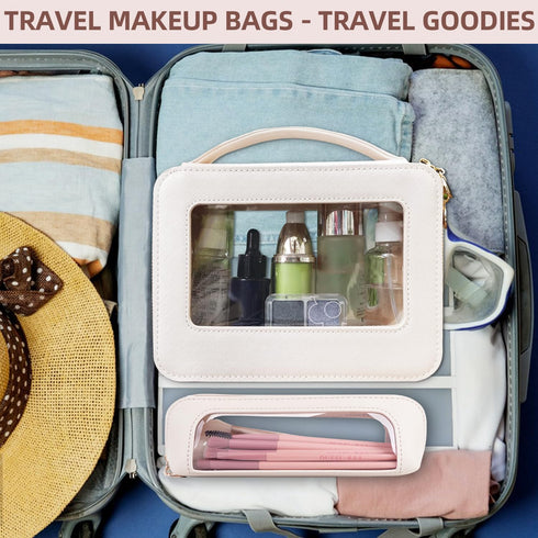 Clear Makeup Bag with Makeup Brush Bag,Double Sided Clear Toiletry Bag for Women,Portable Travel Cosmetic Bag,Makeup Case with Zipper,Leather Make...