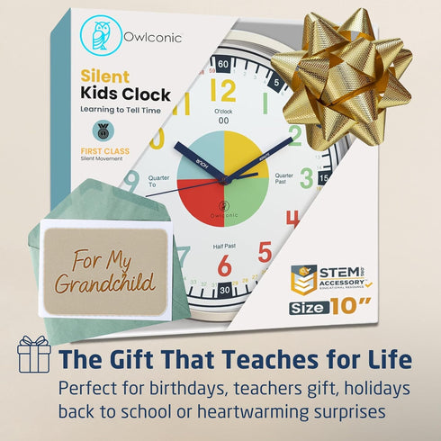 OWLCONIC Non Ticking Analog Clock for Kids Learning to Tell Time, Teaching Clock for Kids Wall, Clocks for Classroom, Homeschool Decor, Bedrooms, ...