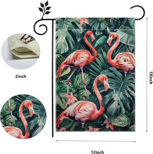 Flamingo Garden Flag, Pink Flower Tropical Palm Tree Flag, 12x18 Inch Double Sided Burlap, Welcome Summer Garden Flags, Porch Lawn Flag, Outdoor Y...