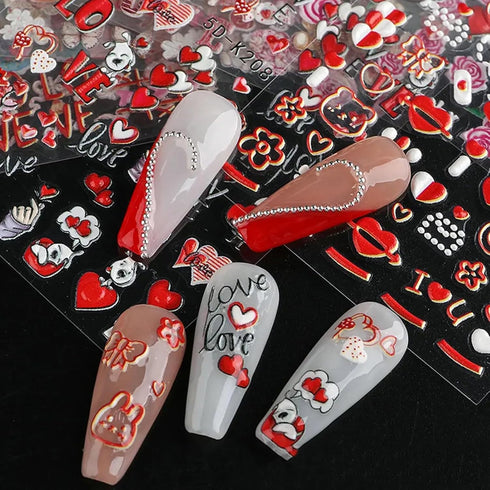 Valentine's Day Nail Art Stickers 5D Embossed Red Heart Nail Decals Red Love Mail Cute Cartoon Dog Bear Valentine Nail Designs Sticker Relief Nail...
