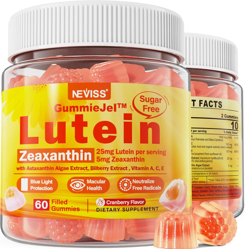 Sugar-Free Lutein Zeaxanthin Supplements Gummies (25mg) Vitamins A, C, E, Bilberry, Astaxanthin - with Coconut Oil for Better Absorption - for Adu...