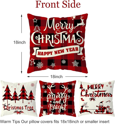 Christmas Pillow Covers 18x18 Set of 4 - Red Black Buffalo Check Plaid Decor - Indoor Outdoor Xmas Throw Pillow Cases for Sofa Couch...
