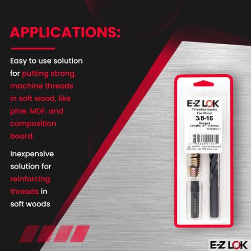 E-Z Hex Thread Repair Kit for Soft Wood Flanged Threaded Inserts 3/8-16 x 13mm, Drill, Installation Tool...