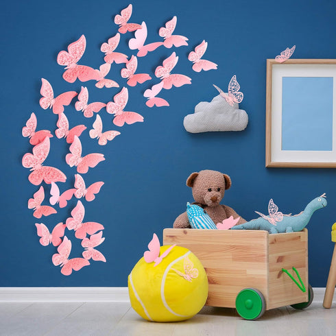 Outus 120 Pieces Pink 3D Layered Butterfly Wall Decor Removable Butterfly Stickers Hollow Mural Decals for Birthday Cake Decorations Crafts Bouque...