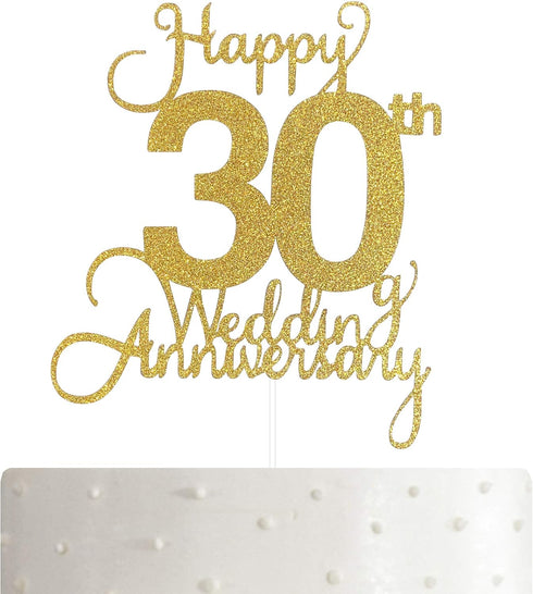 30th Wedding Anniversary Cake Topper, Wedding Anniversary Party Decoration with Premium Gold Glitter...