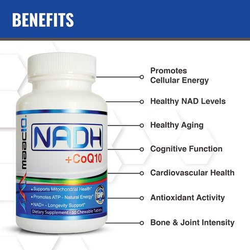 MAAC10 NADH + CoQ10 Supplement | Great Tasting Chewable Tablets | 50mg PANMOL® NADH + 100mg CoQ10 | for Fatigue, Energy and Mental Focus | NAD+ Su...