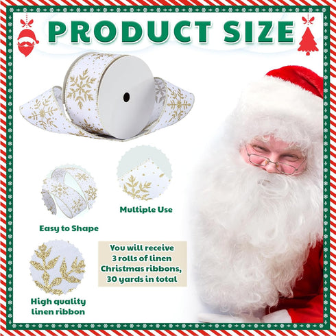 Cindeer 3 Rolls 2.5 Inch 30 Yards Christmas Snowflake Wired Ribbon Glittered Snowflake Wired Edge Ribbon Christmas Ribbon for Tree Gift Wrapping H...