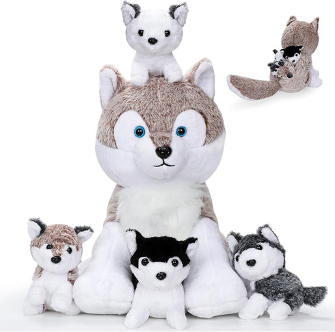 5PCS Wolf Plush Toys - 13.4 Inch Wolf Mom with Little Mini Babies Stuffed Animal Plush Huggable Cuddly Fluffly Wolf Plushie Family Set Gifts for G...