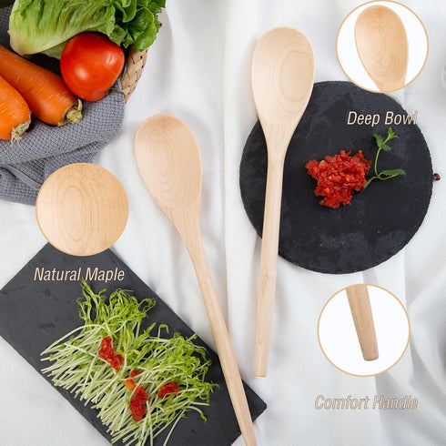 Wooden Cooking Spoons Set, 14 Inch Maple Wood Mixing Spoon, Mixing Salad, Sauce Soup Stirring Ladle, Nonstick Spoon Kitchen Serving Utensil with L...