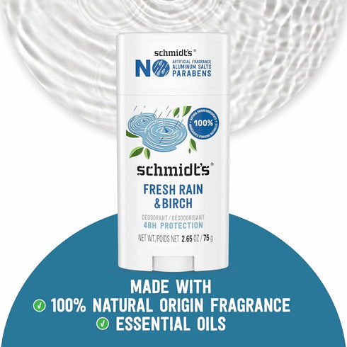 Schmidt's Aluminum-Free Vegan Deodorant Fresh Rain & Birch with 24 Hour Odor Protection, 2 Count for Women and Men, Natural Ingredients, Cruelty-F...