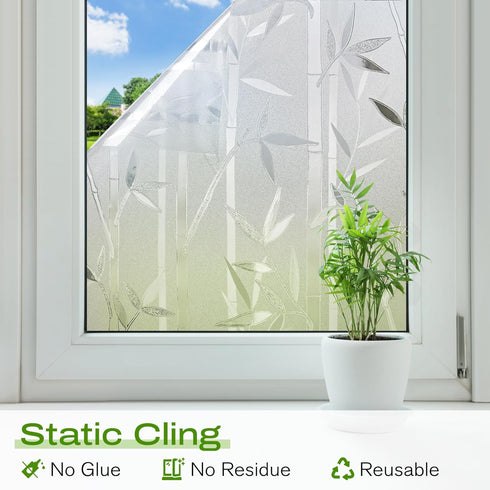 rabbitgoo Window Privacy Film Frosted Bamboo Pattern, Removable UV Blocking Stained Glass Decals Covering Decorative Window Cling for Home, 23.6 i...