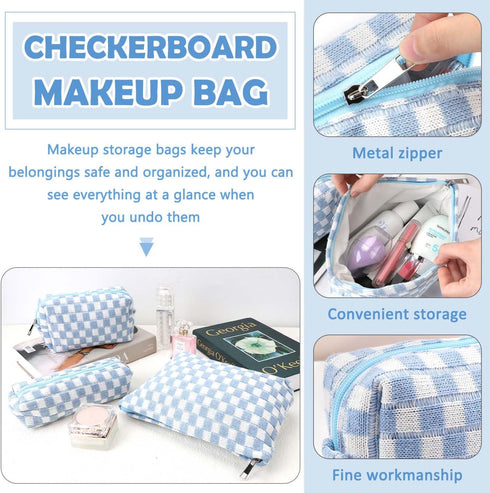 3 Pcs Makeup Bag Cosmetic Bag Set for Girls Women Checkered Travel Organizer Bathroom Toiletry Pouch Large Capacity Storage Bag (Blue-White)...