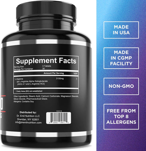 Dr. Emil - L Arginine (3150mg) Highest Capsule Dose - Nitric Oxide Supplement for Vascularity, Endurance and Heart Health (AAKG and HCL) - 90 Tabl...