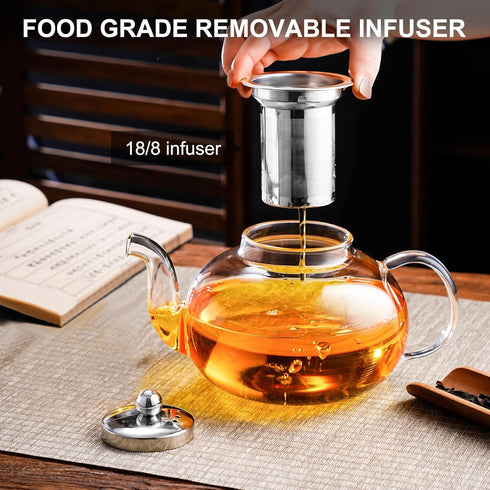 PARACITY Glass Teapot Stovetop 40 OZ/1200ml, Borosilicate Clear Tea Kettle with Removable 18/8 Stainless Steel Infuser, Teapot Blooming and Loose ...