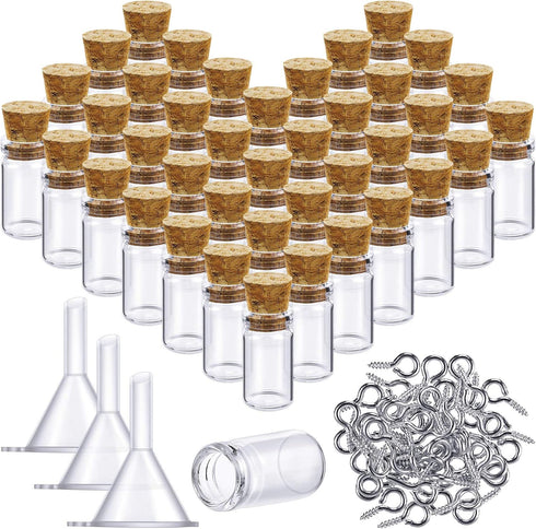 Yungyan 50 Pieces Small Mini Glass Bottles Jars with Cork Stoppers Set, Tiny Cork Glass Bottles with Eye Screws and Small Funnel for Decoration, A...