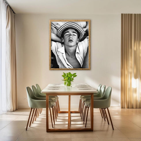 Posterizer 1 pcs-black and white photo of young man with beach hat 3-Photography Art-Retro Art-Decor for Home & Office- unframed wall art...