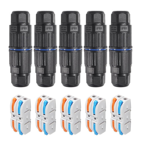 5PCS IP68 Waterproof Junction Box, Outdoor 2 Way Electrical Cable Connector, Replaceable Lever Wire Connectors for AWG 28-12, Quick Screwless Inst...