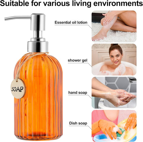 16 OZ Soap Dispenser?Tempered Glass Clear Vertical Stripe with 304 Rust Proof Stainless Steel Pump Refillable Liquid Hand Soap Dispenser?for Bathr...