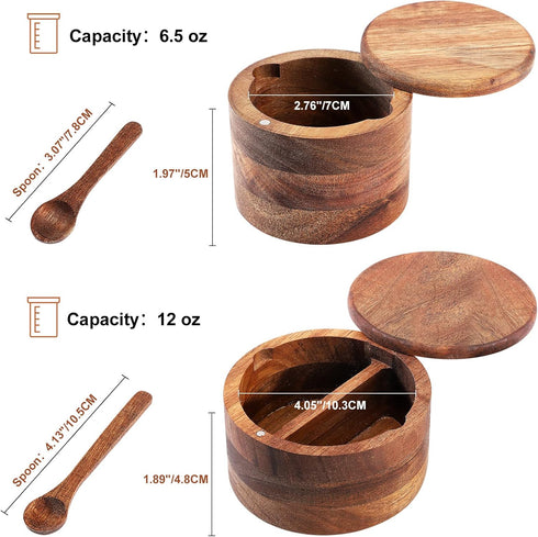 Acacia Wood Salt and Pepper Bowl, Nature Wood Salt Cellar and Spices Storage Box With Built-in Spoon and Magnetic Swivel Lid (Single Compartment)...