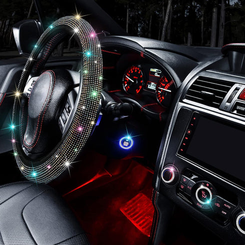 5 PCS Crystal Diamond Bling Steering Wheel Cover Car Rhinestone Sticker for Car Start Button Starter Ring Car Interior Accessories (Rainbow)...