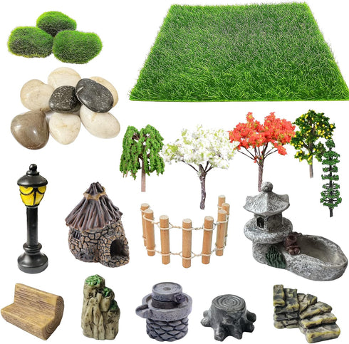 Cayway 26 PCS Outdoor Fairy Garden Miniatures Mini Zen Garden Accessories, Artificial Garden Grass, Model Trees, Terrarium Ornaments, Dollhouse Su...