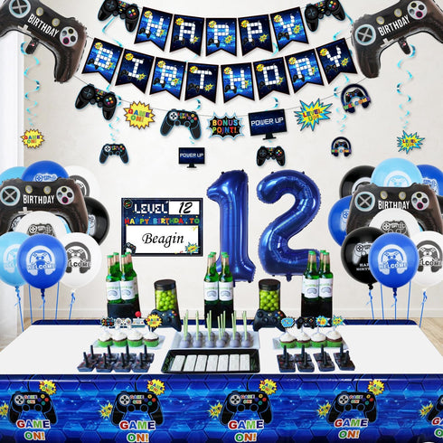 12th Birthday Decorations for Kids-Gaming Party Decorations for Gamer-HAPPY BIRTHDAY Gaming Banner Video Game Table Cover Controller Balloon Cake ...