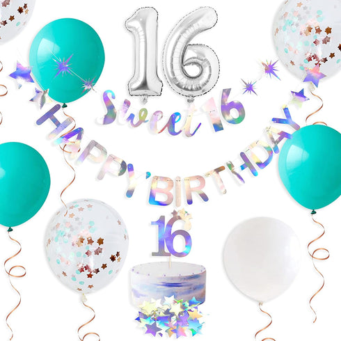 Iridescent Happy Birthday Banner Garland for Sweet 16 Decorations and Signs - 16th Birthday Party Sign for Sweet Sixteen Party Supplies...