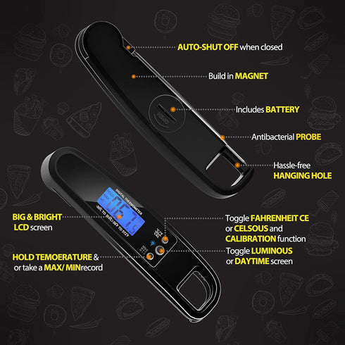 Instant Read Meat Thermometer for Kitchen Cooking, Ultra Fast Precise Waterproof Digital Food Thermometer with Backlight, Magnet and Foldable Prob...
