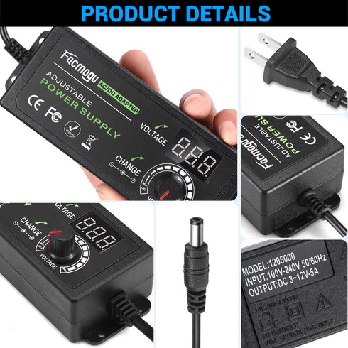 Facmogu 3V-12V 5A 60W Adjustable Power Supply with LED Display, Variable DC 3V 5V 6V 9V 12V Universal AC/DC Adapter, 100V-240V AC to DC 3-12V Swit...