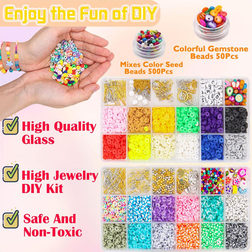 LET'S BEADING Flat Round Clay Beads Kit with Pearl Beads Letter Beads Enamel Charms Fruit Beads Tassels Copper Wires Jewelry Findings for Bracelet...