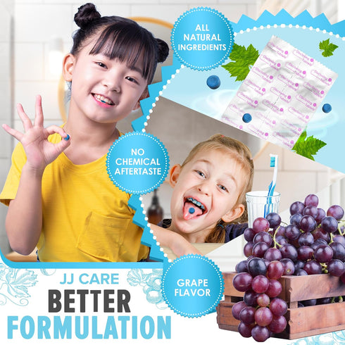 JJ Care Disclosing Tablets for Teeth- 102 Count Grape Flavored Plaque Disclosing Tablets for Kids and Adults, 3 Month Supply of Teeth Coloring, In...