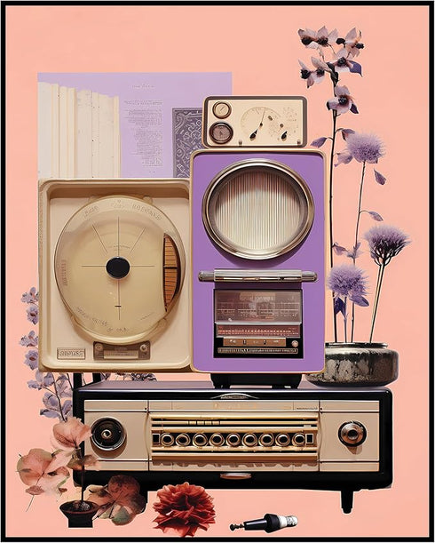 Posterizer 1 pcs-instruments and radio-pink and purple collage-Vintage Art-Abstract & Modern Art-Gift for Art Lovers- UNFRAMED Wall Art...