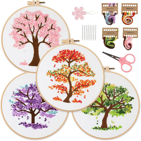 Sivilife Embroidery Starter Kit for Beginners, 4 Sets Stamped Cross Stitch Kits for Adult, Seasonal Tree Pattern Hand DIY Kits with 2 Embroidery H...