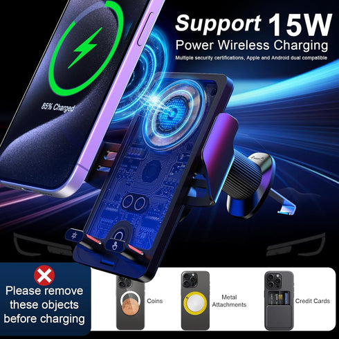 15W Fast Wireless Car Charger Vent Mount - Auto-Clamping Air Vent Phone Holder for iPhone 15/15 Pro/15 Pro Max, Samsung Galaxy...