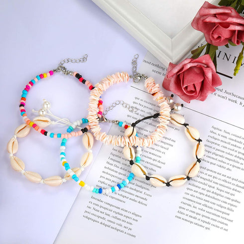 Honsny 12 PCS Beaded Anklet Bracelets for Women Adjustable Colorful Gold Anklet Bracelets Handmade Shell Ankle Bracelet Boho Summer Foot Jewelry f...