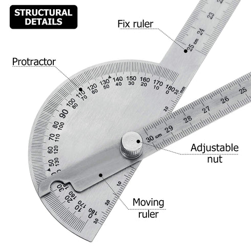 Outus Angle Protractor Angle Finder Ruler Two Arm Stainless Steel Protractor Woodworking Ruler Angle Measure Tool with 0-180 Degrees (30 cm/ 11.8 ...
